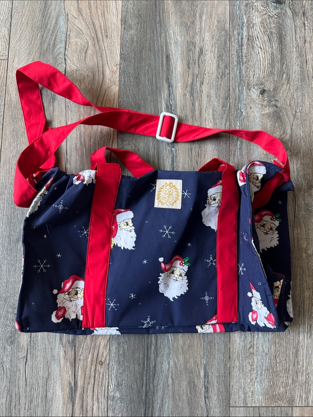 TBBC Holiday Santa Print Tote Bag in Navy and Red